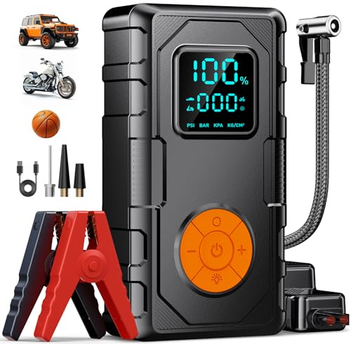Jump Starter Power Pack with Air Compressor,150PSI 12V Car Battery Booster Jump Starter, Fast Inflation,3 LED Light,Digital Screen,Auto Shut-Off Car Battery Jump Starter for Motorcycle,Bike,Ball,B