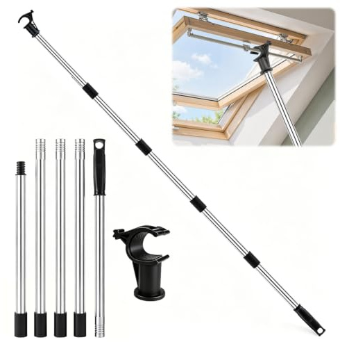 Teleskopstange Dachfenster Bedienstange, 1.86 m Fensteröffner mit Dachhaken | Edelstahl Stange mit haken Zum Öffnen von Fenstern & Rollos, Fenstergriff Verlängerung für Hohe & Schwer Erreichbare Fenster