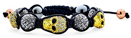 Bling Jewelry Biker-Schmuck Hip Hop Goth Punk Rock Gold Tone Grey Pave Crystal Ball Shamballa Inspired Skulls Armband Für Frauen Für Männer Black Cord String Adjustable