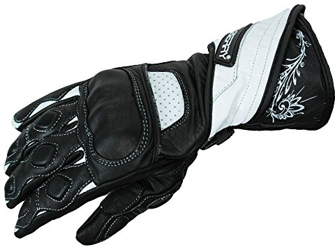 HEYBERRY Damen Motorradhandschuhe Leder Schwarz Weiß Gr. M