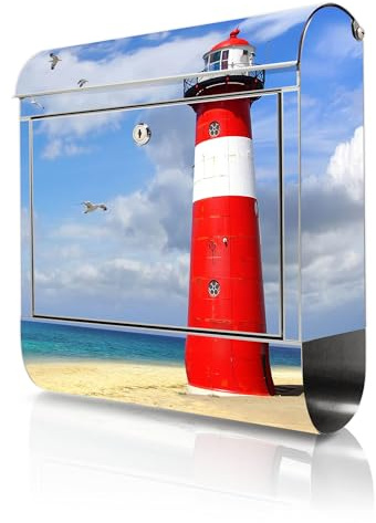 banjado Briefkasten Edelstahl 38x43x12cm & 2 Schlüssel - rostfreier Edelstahl Briefkasten mit Zeitungsfach - Postkasten A4 Einwurf inkl. Montagematerial - Motiv Leuchtturm Westkapelle