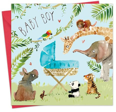 Twizler Carte de naissance pour garçon avec berceau bleu et animaux de la jungle – Carte de naissance pour garçon – Essentiels pour nouveau-né