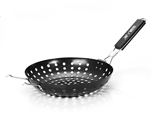 BBQ Grilling Skillet,YOUTTOO Non Stick BBQ Grilling Skillet with Folding Handle Round BBQ Pizza Grill Pan for Veggies Seafood BBQ