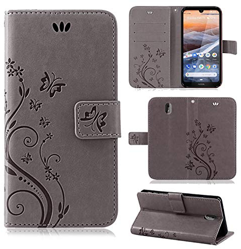 betterfon Hülle Kompatibel mit Nokia 3.2 | Premium PU Leder Handyhülle Wallet Case für 3.2 | Schutzhülle Blumen Klapphülle Handyhülle | Grau