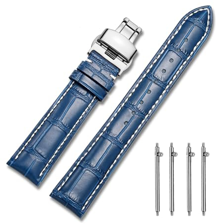 MUENShop Uhrenarmband mit faltschließe Leder Schnellverschluss Echtleder Armband für 18mm-24mm Schwarz Braun Blau Grün Kalbsleder Ersatz für Herren/Damen (18mm, Blaue weiße)