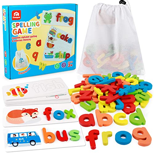 Coogam Siehe Rechtschreibung Lernspielzeug Holz ABC Alphabet Karteikarten Matching Shape Letter Games Montessori Vorschule STEM Lerngeschenk Spielzeug für Kleinkinder Kinder