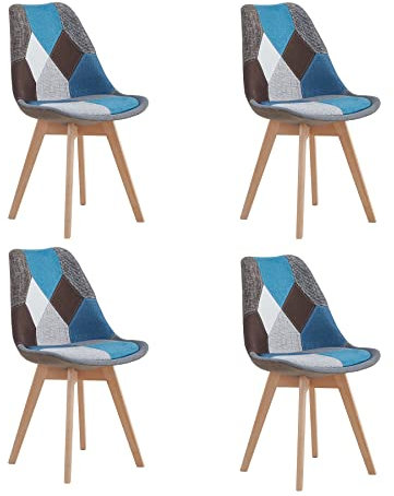 BenyLed Juego de 4 Sillas de Comedor con Diseño de Retazos con Asiento Tapizado y Patas de Madera, Ideal para Comedor, Sala de Estar, Dormitorio, etc. (Azul)