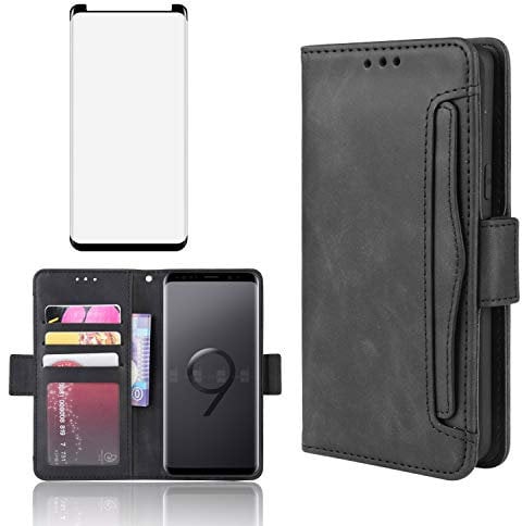 Phone Case for Samsung Galaxy S9 With Tempered Glass Screen Protector Card Holder Slot Stand Kickstand Shockproof Protective Wallet Purse Leather Flip Cover Glaxay S 9 Edge GS9 Samsung9 s9case Black
