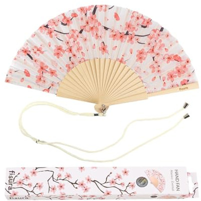 FISURA - Origineller Handfächer mit japanischem Blumendruck. Moderner und farbenfroher Fächer aus Holz. Weißer und rosa Fächer. Maße: 42,5 x 23 cm. Materialien: Holz und Textil.