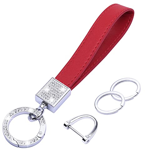 Wisdompro Schlüsselanhänger Auto Strass, Schlüsselanhänger Leder mit 1 D-Ring, 1 Schraubendreher, 2 Schlüsselring, Keychain für Männer/Frauen sind Geschenke für Familie, Freunde (Rot)