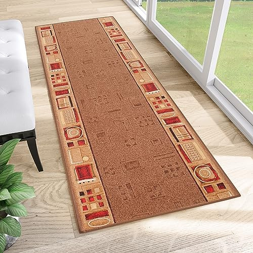 TAPISO Anti Rutsch Teppich Läufer rutschfest Brücke Meterware Modern Braun Rot Figuren Design Meliert Flur Küche Wohnzimmer 67 x 1500 cm