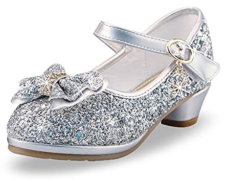 AQIYI Girls Princess Shoes Toddlers Sequin Sweet Bows Sandals Little Girls Party Pumps Sparkle Wedding Dress Shoes(1.5UK/Label Size34,Silver