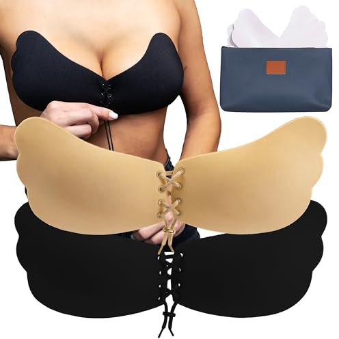 ILLURE® Klebe BH [2 St.] Selbstklebender Push-up BH inkl. Make-Up Tasche | Rückenfrei, Trägerlos, Unsichtbar und Wiederverwendbar | Schwarz & Beige
