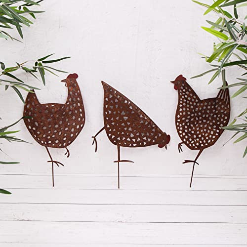 Set of 3 Rustic Rusty Hens/Chickens Metal Art Garden Stakes/Lawn Ornament