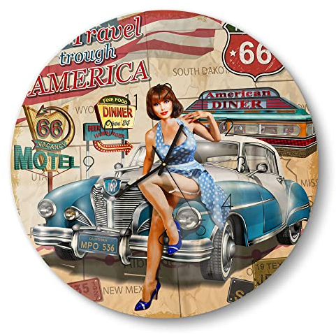 DEQORI Glasuhr | rund Ø 50 cm | Motiv Route 66-Plakat | große XXL Design Uhr aus Glas | leise Wanduhr für Wohnzimmer & Küche | moderne Hingucker Uhr für die Wand