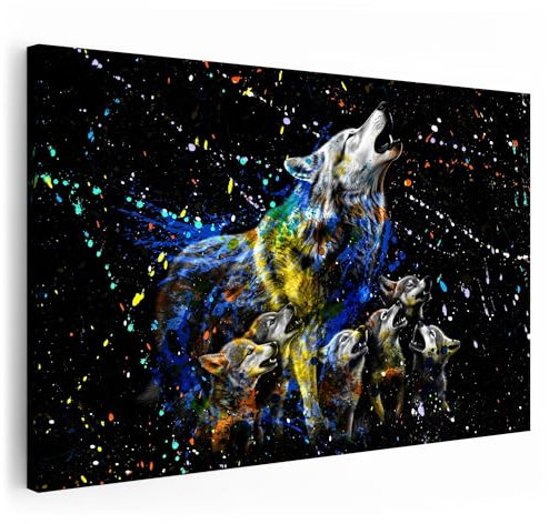 Artmazing | Wolf Bunt | Bild Wolfsfamilie auf Leinwand | Moderne Wolfsbilder | Großes Wandbild für Wohnzimmer | XXL Deko | Poster & Kunstdrucke | Leinwand