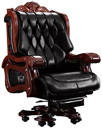 Deluxe-Chefsessel aus Holz: Echtes Leder, Fußstütze, 150°-Neigung, Ergonomie mit hoher Rückenlehne, höhenverstellbar und drehbar – Braun