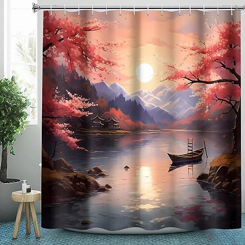CLOXKS Wasserdichter Duschvorhänge Japanisch, Landschaft Duschvorhang 200x220 Anti-Schimmel - Duschvorhang Textil für Badewanne mit 12 Haken