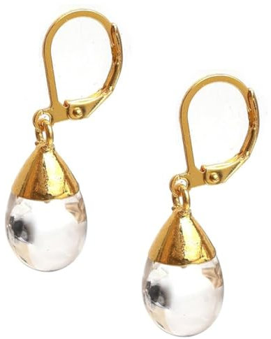 Gempires Natural Clear Quartz 14k Gold Electroplated Dew Drop Leverback Earring, Dangling, April Birthstone Drop Earrings for Women Gemstone Jewelry (Clear Quartz)