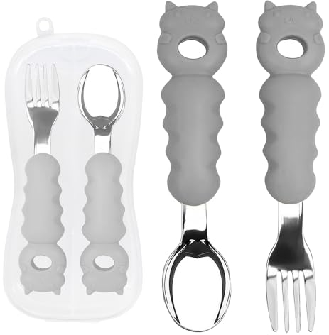 Seasboes Couverts pour bébé, fourchette et cuillère pour bébé en acier inoxydable avec poignée en silicone, couverts pour enfants à partir de 1 an, couverts en acier inoxydable avec poignée ronde pour