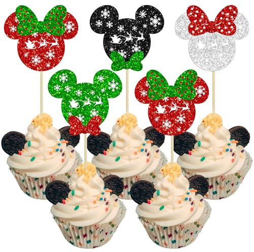 24Pcs Mouse Inspired Christmas Cupcake Toppers Glitter Santa Mouse Cupcake Picks for Christmas Holiday Theme Baby Shower Birthday Party Cake Decoration Supplies