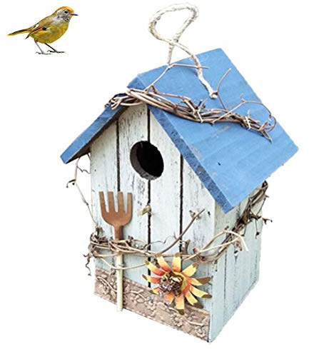 Handbemaltes Vogelhaus, Hängende Vogelhaus-Gartendekoration für den Außenbereich mit Metalldach und Seil (Blue)
