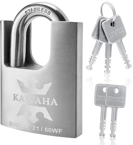 KAWAHA 21/60KD-5SK Hochsicherheits-Vorhängeschloss aus Edelstahl mit Schlüssel für den Innen- und Außenbereich (robust, rostfrei) (60 mm), verschiedene Schlüssel mit Schlüssel, 5 Edelstahlschlüssel)