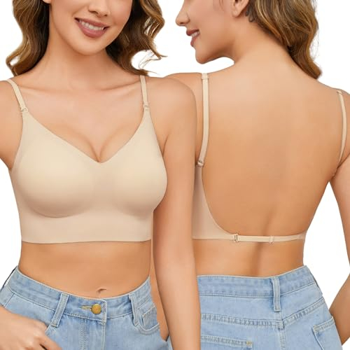 Niwicee BH Damen Ohne Bügel Rückenfreier Plunge BH Push Up Sexy Bügelloser Seamless Nahtloser BHS Soft Tshirt Schlaf Bra V-Ausschnitt Klassische Bar Beige-M