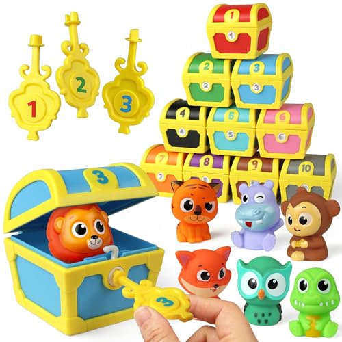 Coogam Jouets de motricité fine pour les tout-petits, 10 pièces d'animaux surprises marionnettes à doigts avec verrous numérotés, jeu de chasse aux pirates, jeu d'apprentissage Montessori cadeau pour