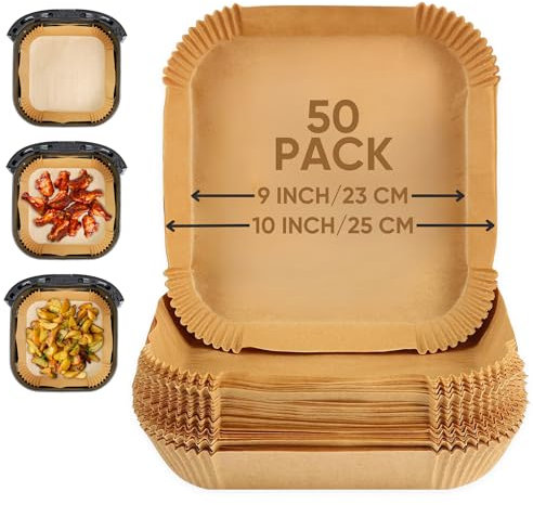 50pcs 9 Inch Large Air Fryer Liners Square - Parchment Paper Liners Disposable - Food Safe, Oil & Greaseproof Airfryer Accessories - Keep Your Air Fryer Clean - Compatible with Cosori, Ninja, Tower