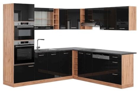 Vicco Eckküche R-Line, Schwarz Hochglanz/Goldkraft Eiche, 237 x 247 cm, AP Anthrazit
