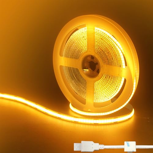 Clearhill 5V USB COB LED Strip Lights, 16.4FT / 5M, Orange, 320LEDs / M, 8mm Breite, Nicht wasserdicht IP20, 1M USB-Kabel, Flexible LED-Bandleuchte für DIY Home Indoor Dekoration