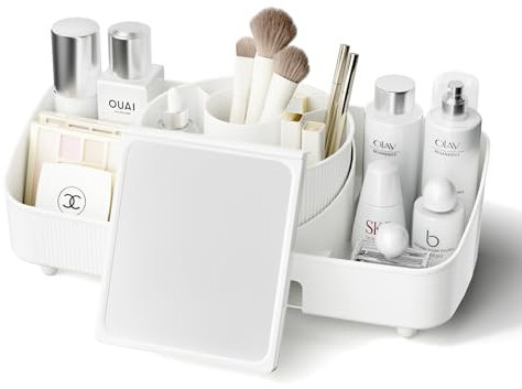 COOSEYA Organizzatore di Trucco con Specchio, Porta Trucchi Organizer Rotante a 360°, Organizzatore Trucchi Multifunzione Adatto Per Vanità, Bagno, Uffici, Ecc(Bianco Brillante)