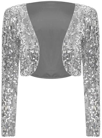 TiaoBug Damen Festlich Pailletten Bolero Langarm Crop Top Jacke kurz Oberteile Cardigan Eleganter Blazer mit Glitzer Party Hochzeit Outfits Clubwear Silber L