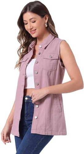 Allegra K Demin Gilet sans manches boutonné en jean mi-long pour femme, rose, M