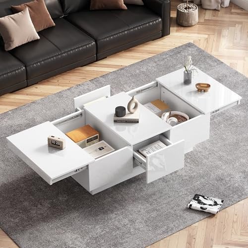 ModernLuxe Wooden Coffee Table with Storage, High Gloss Coffee Table for Living Room, Side Table with 2 Drawers and 2 Big Storage Space, Easy Pull-out Mechanism, White, 100x55x35 cm