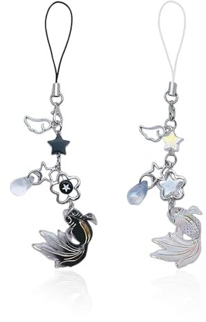 YSJCHEBS 2 Stück Koi-Handyketten, Modische Handyketten, Chinesischer Stil, Schwarz-Weiß, 20 cm, Koi-Fische, Sternen, Blumen, Lobster Clasp, Einheitsgröße, Unisex, Tier-Design