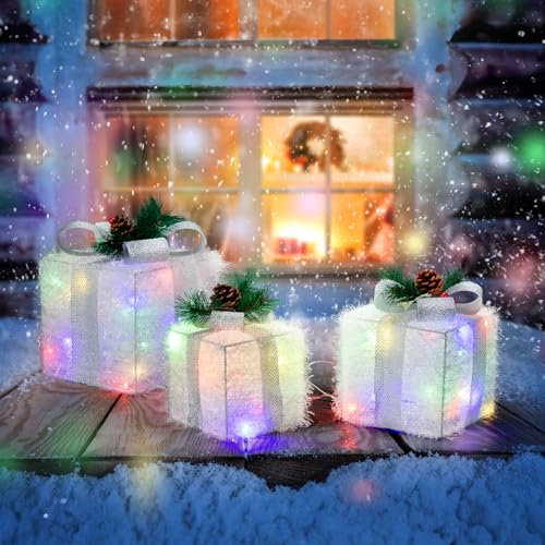 Bonnlo Light Up Christmas Parcels, Lighted Presents Box, Lights for Xmas Tree, Porch, Fireplace, Garden, Gift, Indoor Decorations, Set of 3