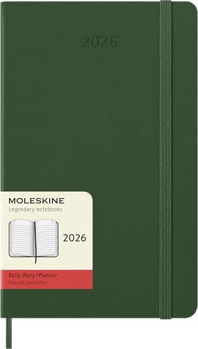 Moleskine Tagesplaner, Tagesagenda 2026 12 Monate, Mit Festem Einband und Elastischem Verschluss, Großformat 13x21, Farbe Grün