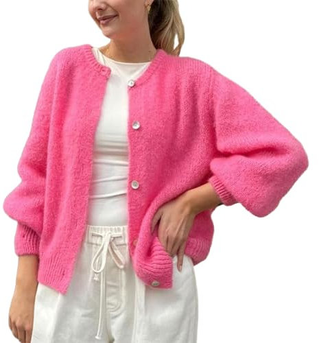 Gilet Col Rond Femme Cardigan en Tricot Court à Manches Longues Pull Veste Boutonnée Casual Vêtement d’éxtérieur Hiver Chaud (Rose Foncé, XL)