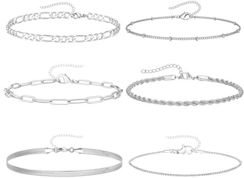 COYUN 6Pcs Ketten Armbänder für Damen - Silber - Armkette - Damen Twist Kettenarmbänder - Verstellbar - Modeschmuck - Armbänder für Frauen und Mädchen - Geschenke