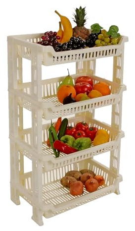 Best House 4 Layer Fruit and Vegetable Storage Basket, 4 Tier Stackable Fruit & Vegetable Shelves Plastic Basket for Kitchen Counter Slim Shelf Space Saving for Bathroom Kitchen & Office (Cream)