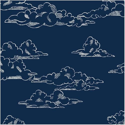 Vintage Clouds Wallpaper - Navy Blue White Chalk Clouds - Paste The Wall - Line Art Sketch - Nautical Nursery Contrast