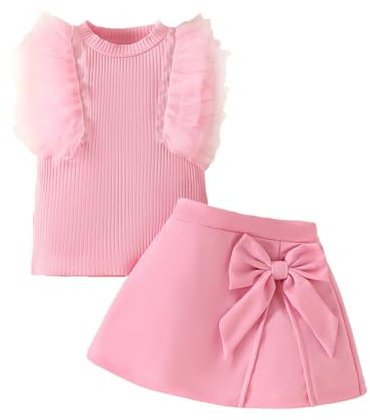 UUAISSO Abiti per Bambine Piccole Top a Coste Senza Maniche in Rete Minigonna con Fiocco Vestito a Trapezio per Bambine A-Rosa 2-3 anni