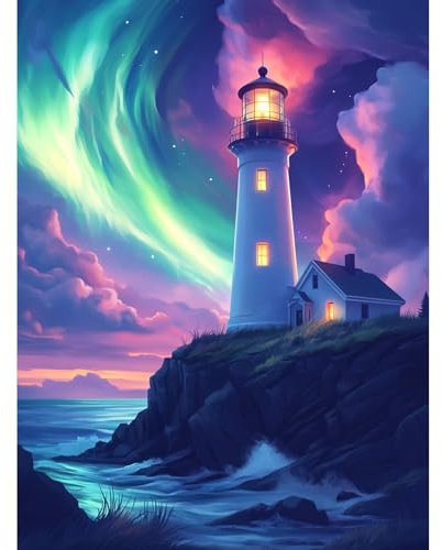 KEYIFA Leuchtturm Malen Nach Zahlen Erwachsene, Aurora Malen Nach Zahlen Kits mit Pinseln und Acrylfarben, DIY Ölgemälde Set Malen Basteln Leinwand Bild Erwachsene, Home Deko 30x40cm