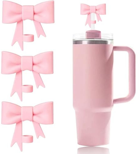 Addein 3 Pcs Bow Stanley Cup Straw Cover, Silicone Cup Straw Topper, Reusable Straw Protector Topper for Stanley Cup Accessories 30&40 Oz Tumbler(Pink)