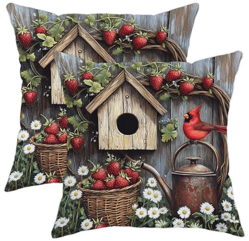 Erdbeer-Vogelhaus-Kissenbezüge, rustikal, rot, für den Garten, dekorativ, quadratisch, für Zuhause, Sofa, Couch, Bett, 40,6 x 40,6 cm, 2 Stück