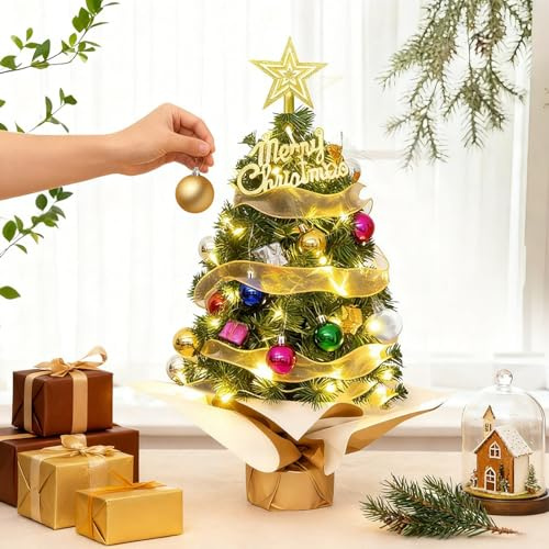 24/60cm Mini Christmas Tree with LED String Lights, Small Artificial Xmas Tree Tabletop Decoration with Baubles, Ribbons, Star Topper & Gift Boxes for Home Office Desk Decor