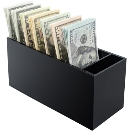 Money Organizer for Cash with 8 Compartments, Black Acrylic Cash Tray & Cash Drawer Insert, Durable Money Holder for Bills, Cash Divider Box for Cash Sorting and Cash Storage