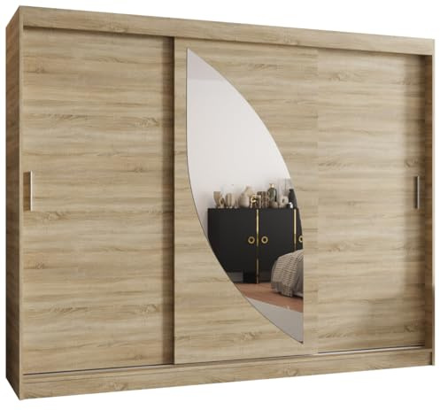 Kryspol - Kleiderschrank mit Spiegel - Schwebetürenschrank - Kleiderschrank 250 cm Breit x 200cm(H) x 62cm(T), 3 Türen, Laminierte Möbelplatte, Schiebetürenschrank Milo 250, Farbe Sonoma Eiche